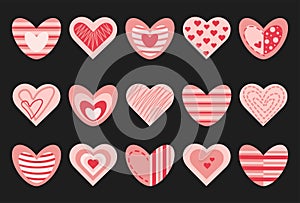 Set of hearts, different shapes, icons, signs on a black background. Vector illustration for Valentine's Day