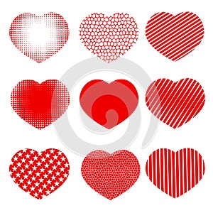 Set of hearts with effects halftone, stripes , honeycombs and stars photo