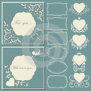 Set hearts and frames of different shapes. Decorative frame cut paper.