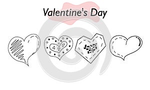 A set of hearts in a linear design. A symbol of love and a Valentine Day holiday. Vector illustration.