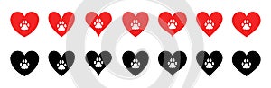 Set hearts and paw footprint black and red