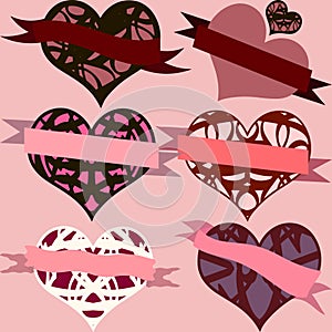 Set of hearts with ribbons, heart emblems for valentine's day