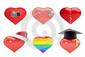 Set of hearts in Santa`s hat, sheriff`s star, heart is broken, electronic lock, rainbow heart photo