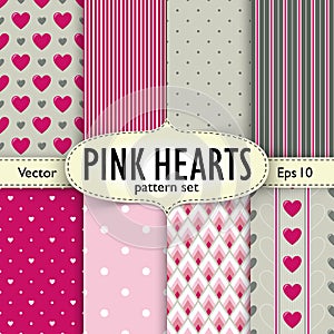 Set of hearts, stripes and dots seamless patterns