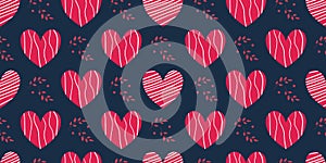 Set of hearts with texture in different lines. Twigs between objects. Vector seamless pattern for wrapping paper or fabric. Design