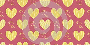 Set of hearts with texture in different lines. Twigs between objects. Vector seamless pattern for wrapping paper or fabric. Design