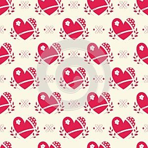 Set of hearts with texture in different lines. Twigs between objects. Vector seamless pattern for wrapping paper or fabric. Design