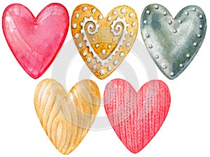 Set of hearts. textures of wood metal glass and knitted fabric cookie