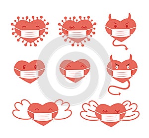Set of hearts wearing surgical face mask. Heart shaped Covid 19 bacteria, angel with wings, cheeky naughty devil