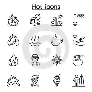 Set of  heat related vector line icons. contains such Icons as heating, temperature, hot coffee, spicy, chili, summer, sun,