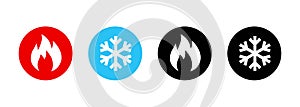 Set of heating and cooling icons. Hot and cold icon. Fire and snowflake sign. Heating and cooling button. Vector EPS 10. Isolated