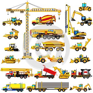 Set of heavy construction machines, icons, isolated, vector photo
