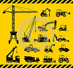 Set of heavy construction machines icons. Vector
