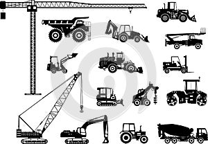 Set of heavy construction machines icons. Vector