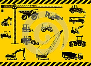 Set of heavy construction machines icons. Vector