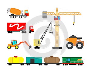 Set of heavy construction machines icons. Vector illustration of heavy equipment and machinery.