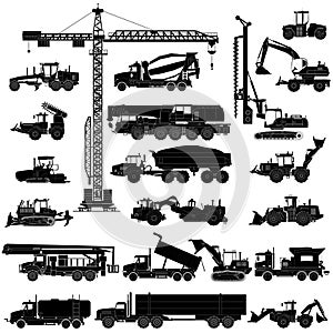 Set of heavy construction machines silhouettes, icons, isolated