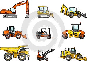 Set of heavy construction machines. Vector