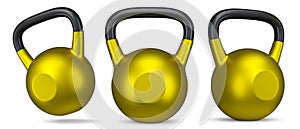 Set of heavy gym gold kettlebells for workout isolated on white background