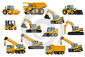 Set of heavy machinery 3d, truck, soil compactor, backhoe, excavator, forklift, front loader, crane, hammer, for construction and