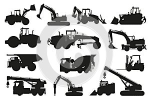 Set of heavy machinery silhouettes of concrete mixer truck, backhoe and bulldozer for construction and mines