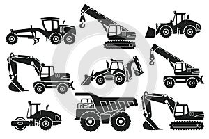 Set of heavy machinery silhouettes for construction and mining, motor grader, backhoe, telescopic crane wheels, mining truck,