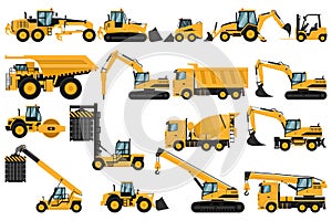 Set of heavy machinery, truck, soil compactor, backhoe, excavator, forklift, front loader, crane, motor grader, hammer, for