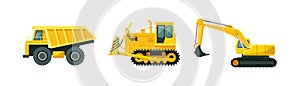 Set of heavy yellow construction commercial machinery vehicles