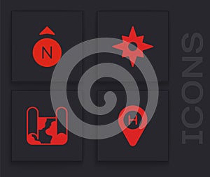 Set Helicopter landing pad, Compass, Wind rose and Folded map icon. Vector