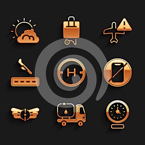 Set Helicopter landing pad, Fuel tanker truck, Clock, No cell phone, Aviation emblem, Plane, Warning aircraft and Sun