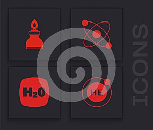 Set Helium, Alcohol or spirit burner, Atom and Chemical formula H2O icon. Vector