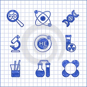 Set Helium, Test tube, Molecule, with toxic liquid, Laboratory glassware, Microscope, DNA symbol and Microorganisms