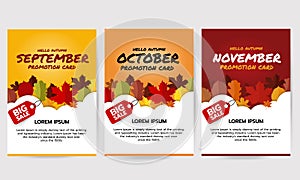 Set of hello autumn banner with leaves, september, october, november promotion card. Big sale banner template. Flat vector illustr