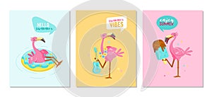 Set of Hello Summer Banners with Pink Flamingo Play Ukulele, Float Inflatable Ring and Eating Ice Cream