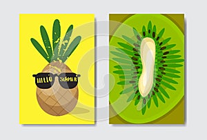 Set hello summer pineapple kiwi badge Isolated Typographic Design Label. Season Holidays lettering for logo,Templates