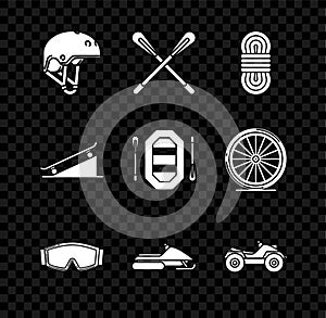Set Helmet, Crossed paddle, Climber rope, Ski goggles, Snowmobile, All Terrain Vehicle or ATV motorcycle, Skateboard on