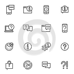 Set help around the clock support, phone help and online assistance vector icons