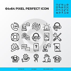 Set of Help and Support vector line icon style.Customer service, Manual Book, technical support. 64x64 Pixel perfect icon