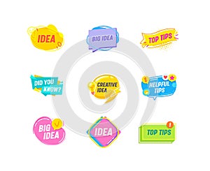Set Helpful Tips, Big Idea and Advice Emblems or Banners Speech Bubbles with Light Bulb, Solution, Useful Hints Elements
