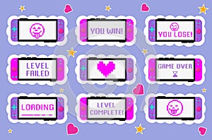 Set of hendheld game consoles with different pixel text vector illustration
