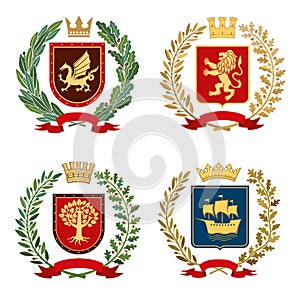 A set of heraldic coats of arms. Dragon, Lion, tree and ship on the background of shields