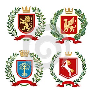 A set of heraldic coats of arms. Lion, griffin, tree and horse on the background of shields