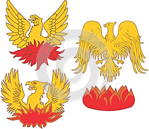 Set of heraldic phoenix birds