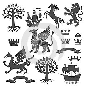 A set of heraldic symbols. Lion, horse, dragon, griffin, ship, tree