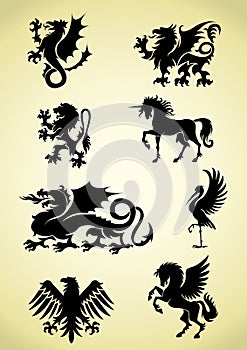 Set of heraldry mythological animals