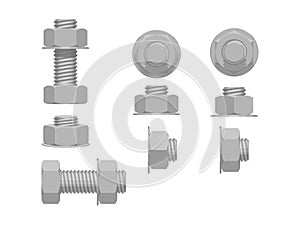 Set of hex nut and screw assembly on white background