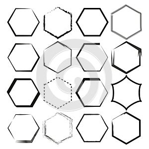 Set of hexagonal outline shapes. Geometric design elements. Abstract polygonal frames. Vector illustration. EPS 10.