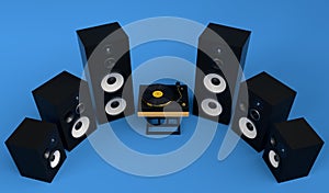 Set of Hi-fi speakers and DJ turntable for sound recording studio on blue.