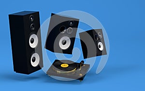 Set of Hi-fi speakers and DJ turntable for sound recording studio on blue.