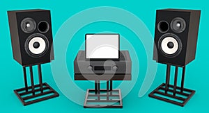 Set of Hi-fi speakers and DJ turntable for sound recording studio on green.